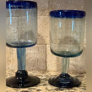 His and Her Vintage Hand Blown Goblets made in Mexico. Cobalt Blue.